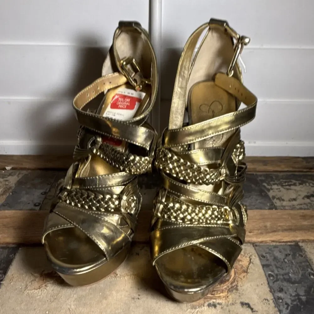 Jessica Simpson Gold Metallic Braided Ankle Strap Heels Women's US 7.5